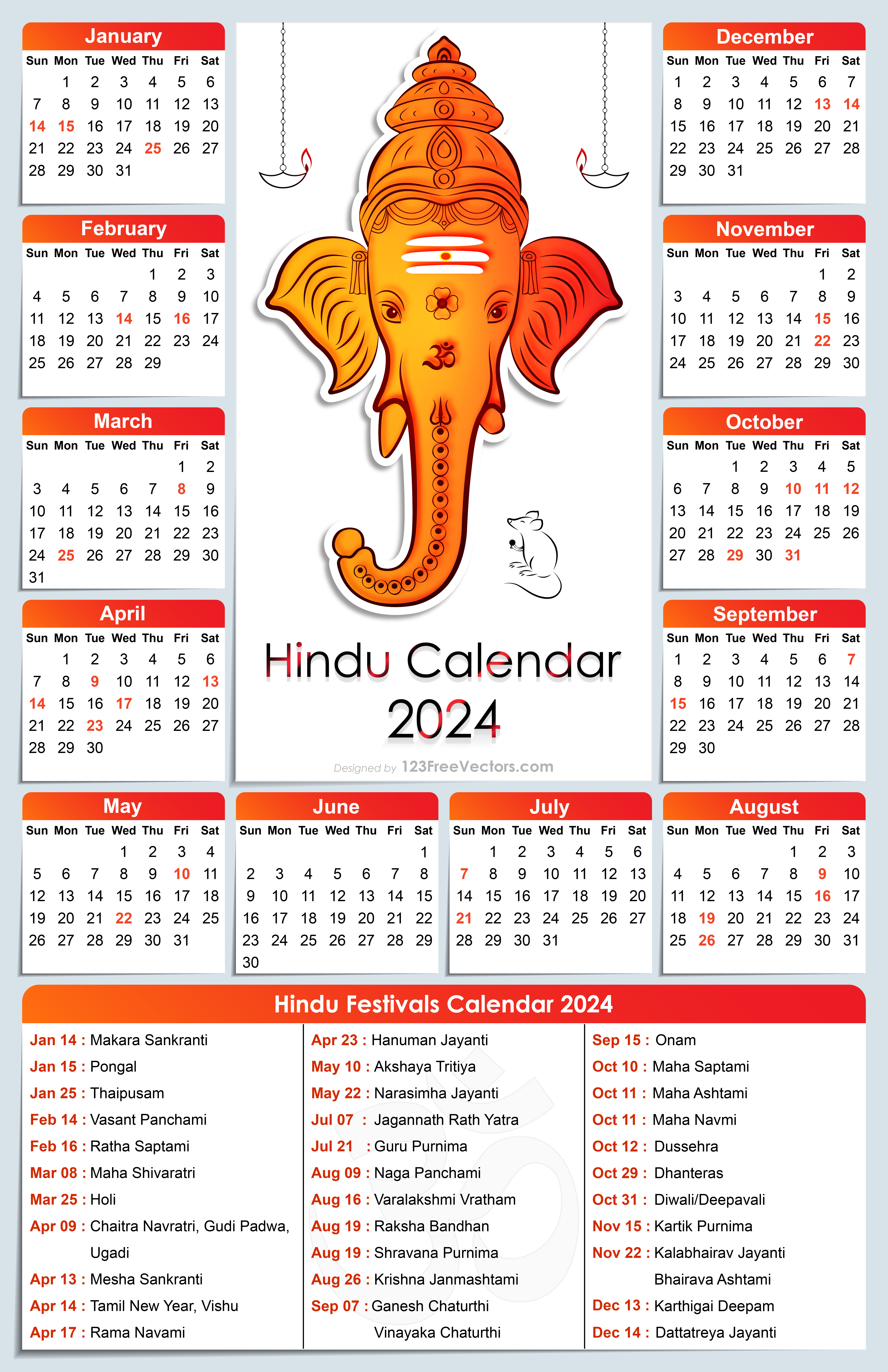 Free 2024 Hindu Calendar | Printable Calendar 2024 With Holidays India