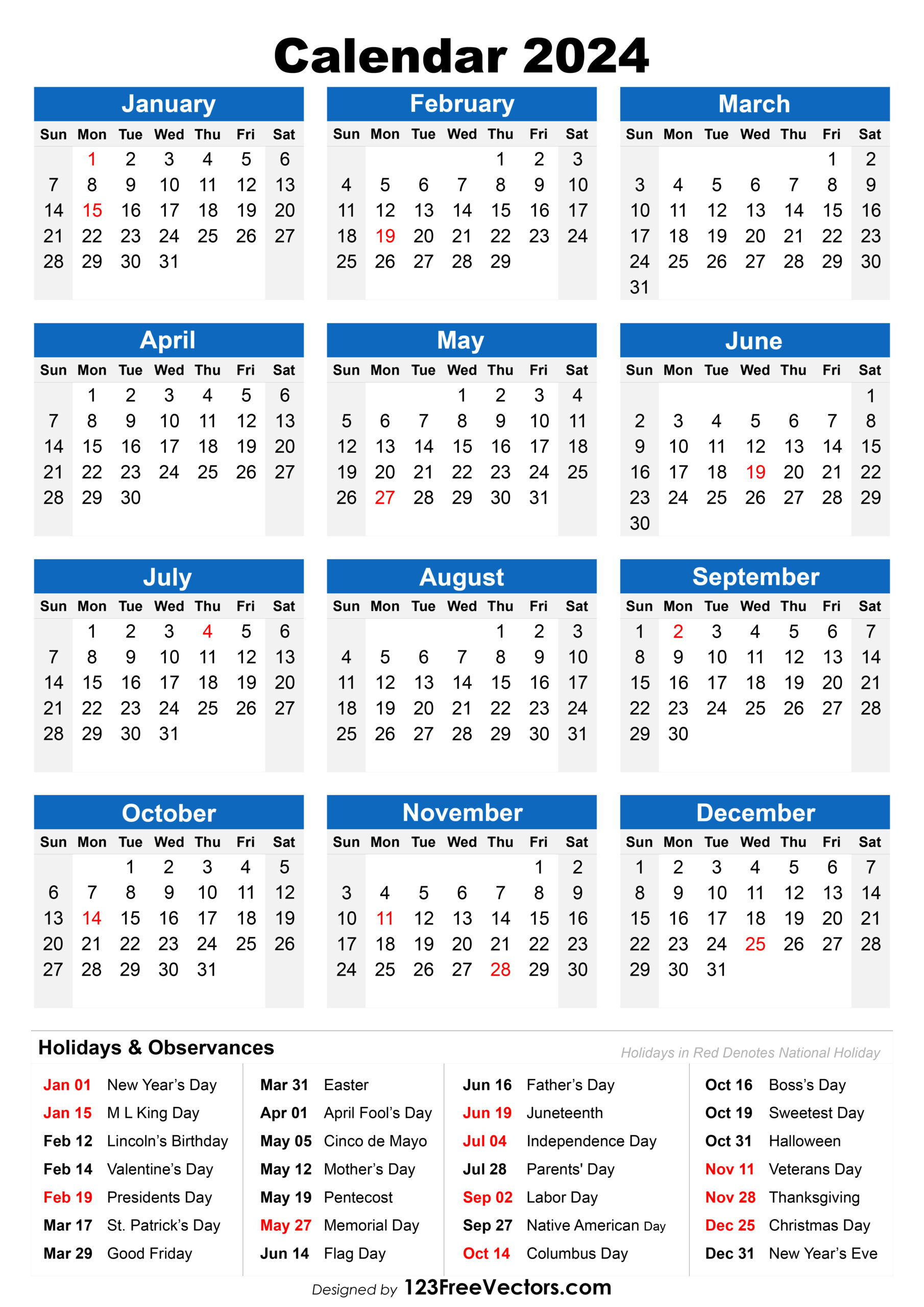 2024 Yearly Calendar with Federal Holidays Printable Calendar 2024