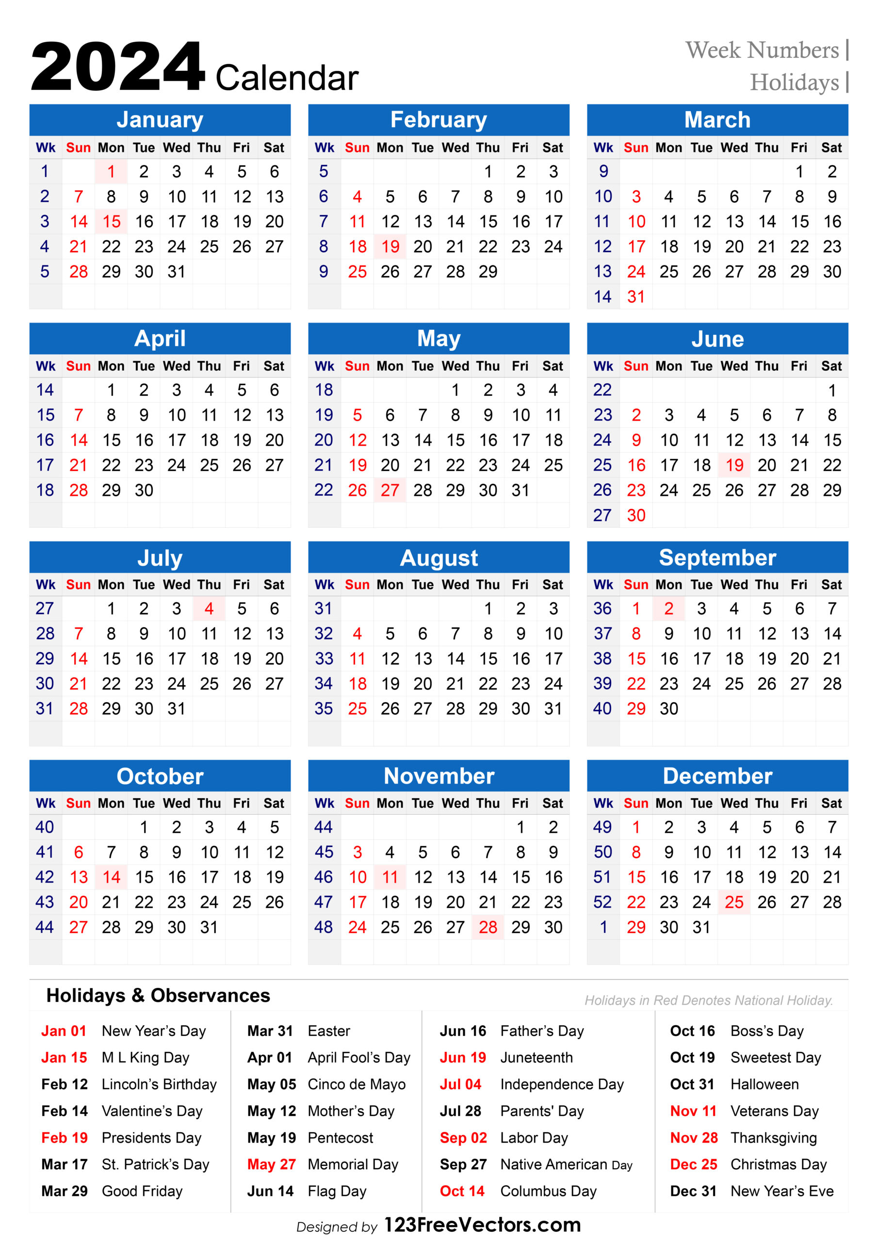 Free 2024 Holiday Calendar With Week Numbers | 2024 Calendar Printable With Holidays Usa