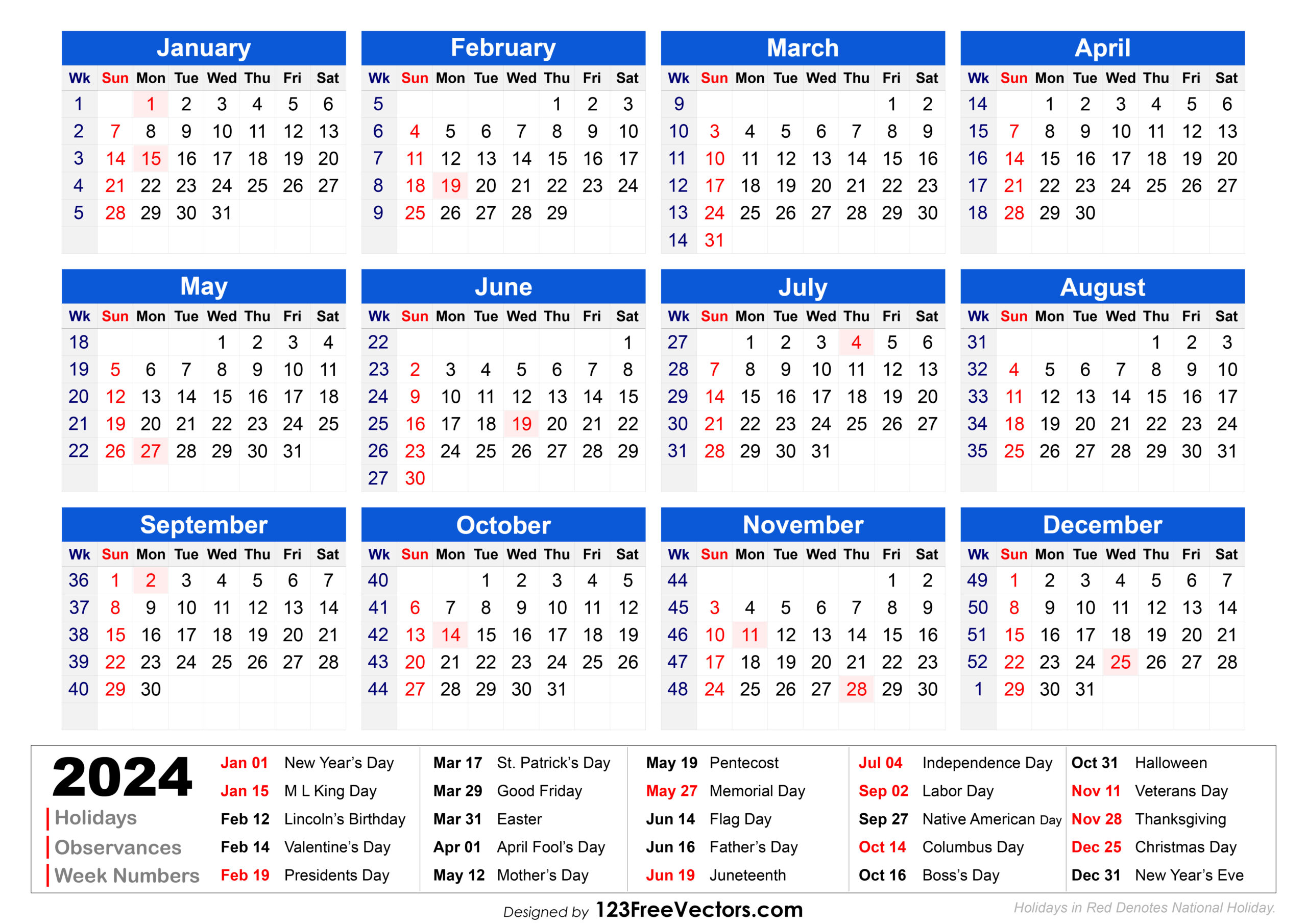 Free 2024 Holiday Calendar With Week Numbers Printable | 2024 Calendar With Holidays Printable Free
