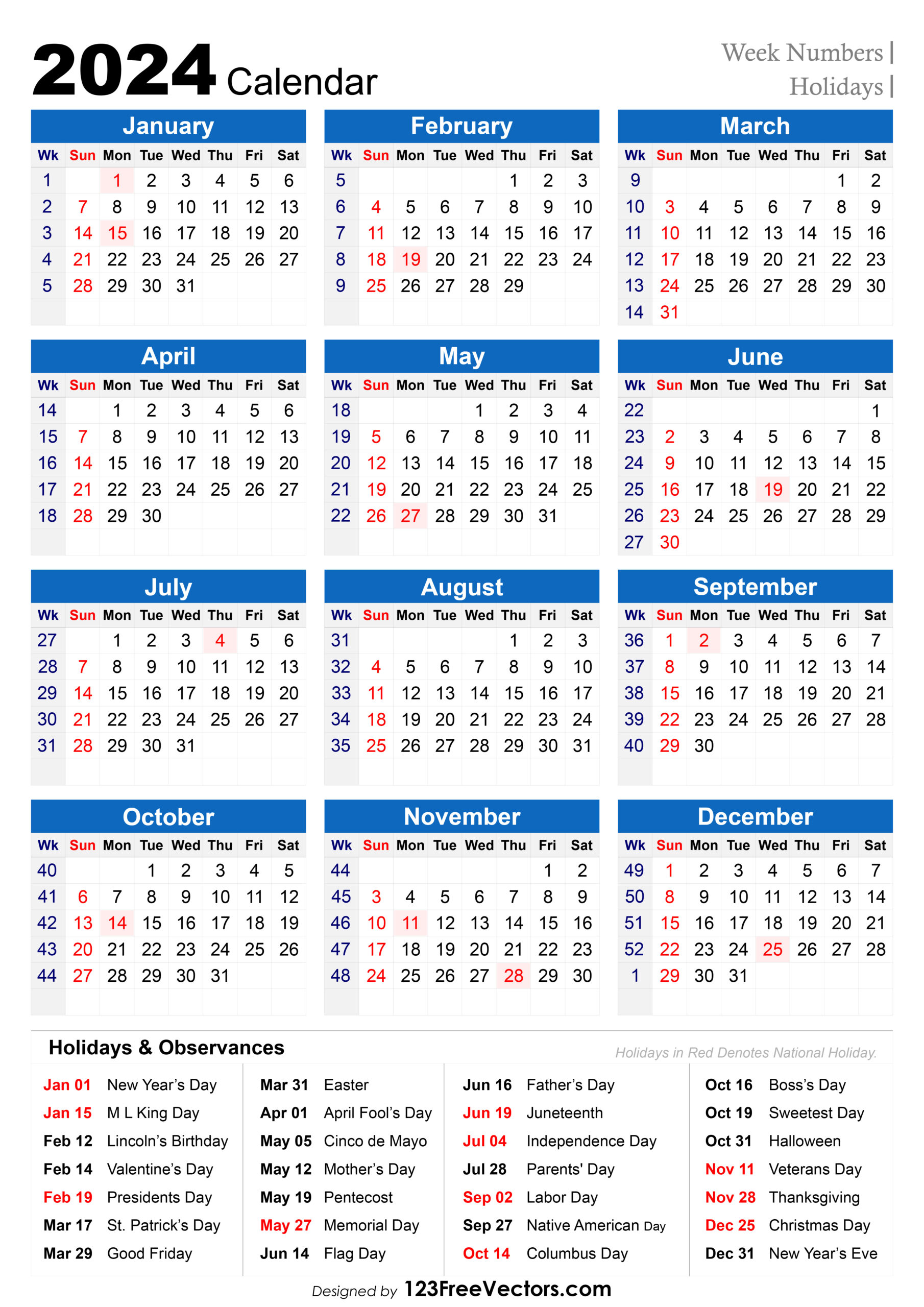 Free 2024 Holiday Calendar With Week Numbers | Printable Calendar 2024 With Weeks