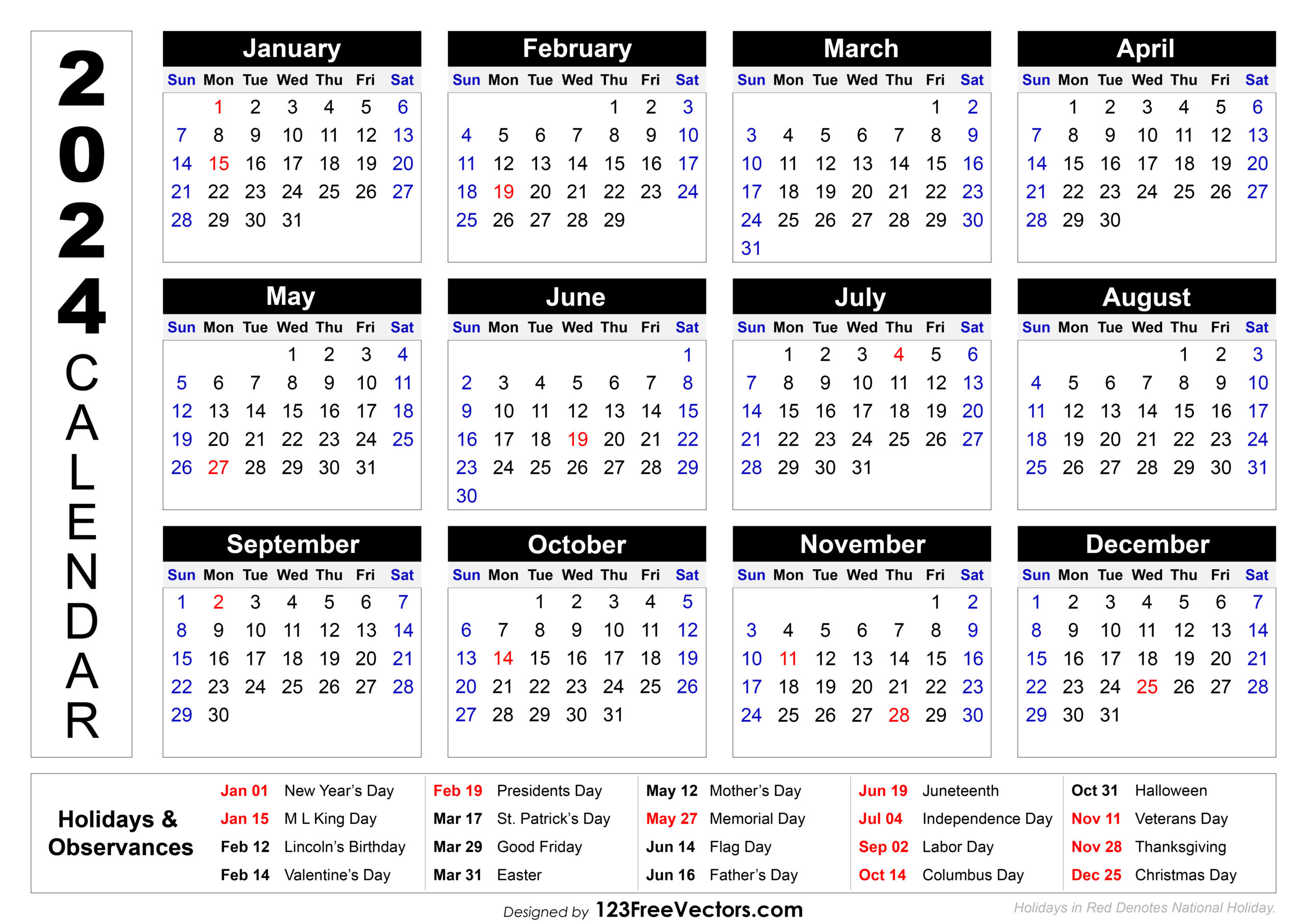 Free 2024 Printable Calendar With Holidays | 2024 Calendar Printable Holidays