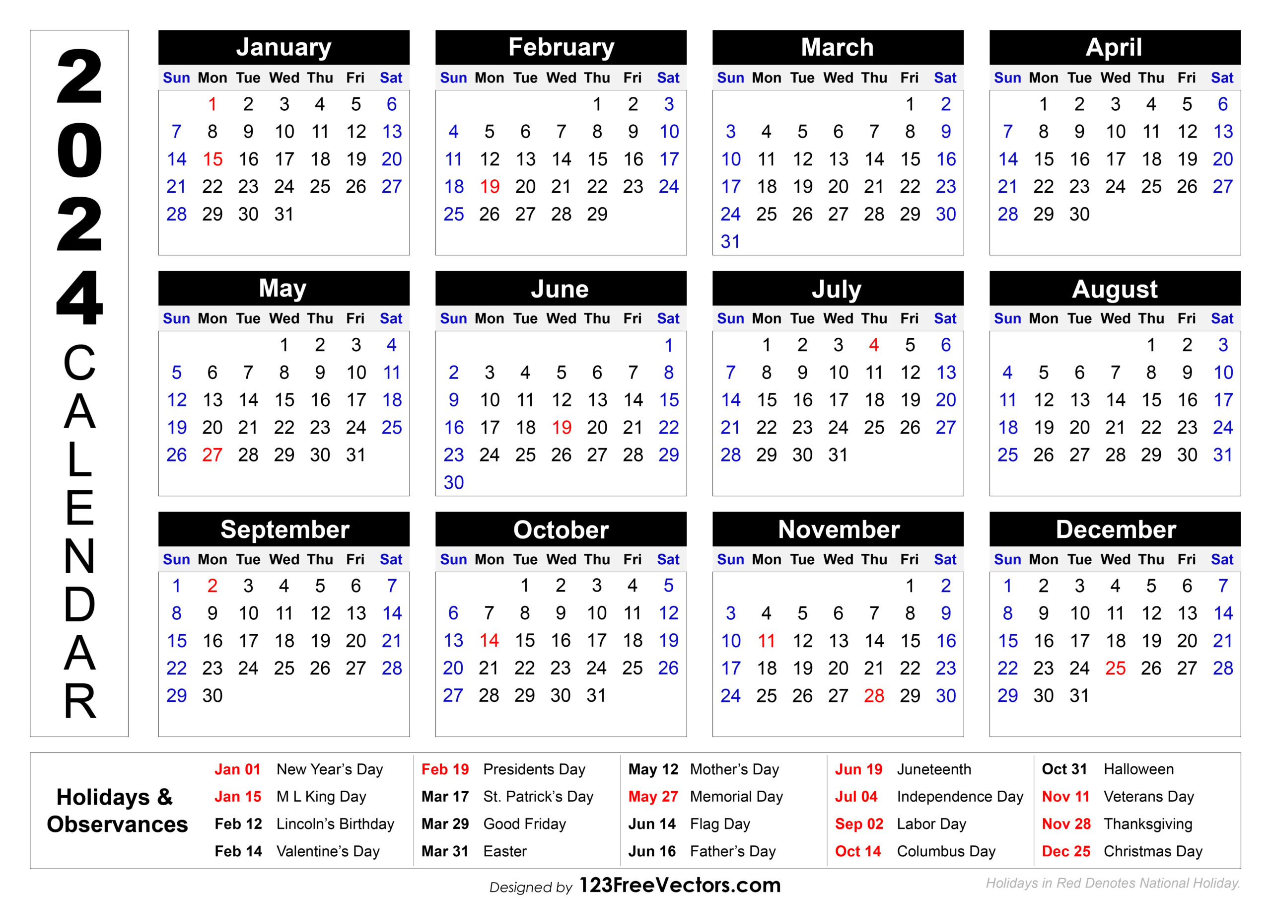 Free 2024 Printable Calendar With Holidays | 2024 Printable Calendar One Page With Holidays Free Download