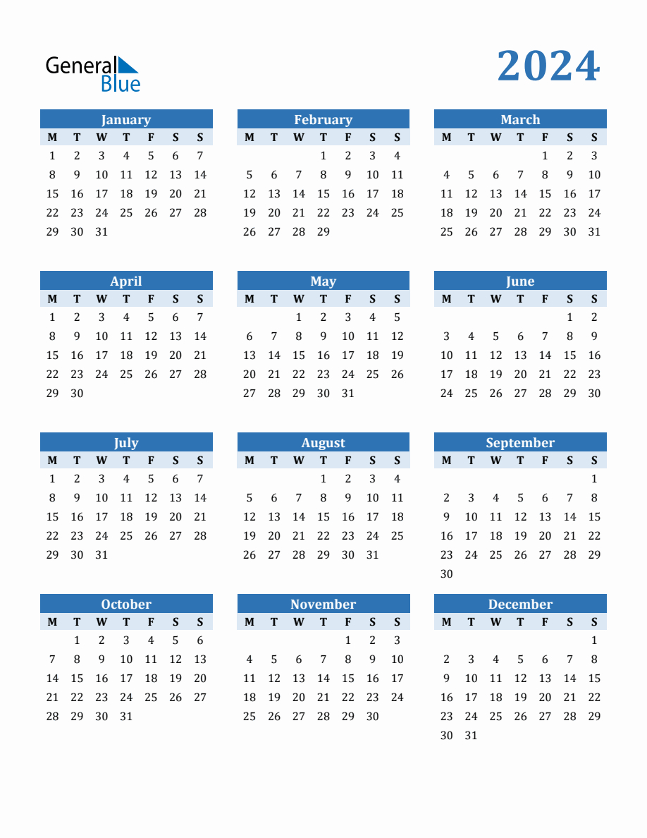 Free 2024 Year Calendar In Pdf, Word, And Excel | General Blue Printable Calendar 2024