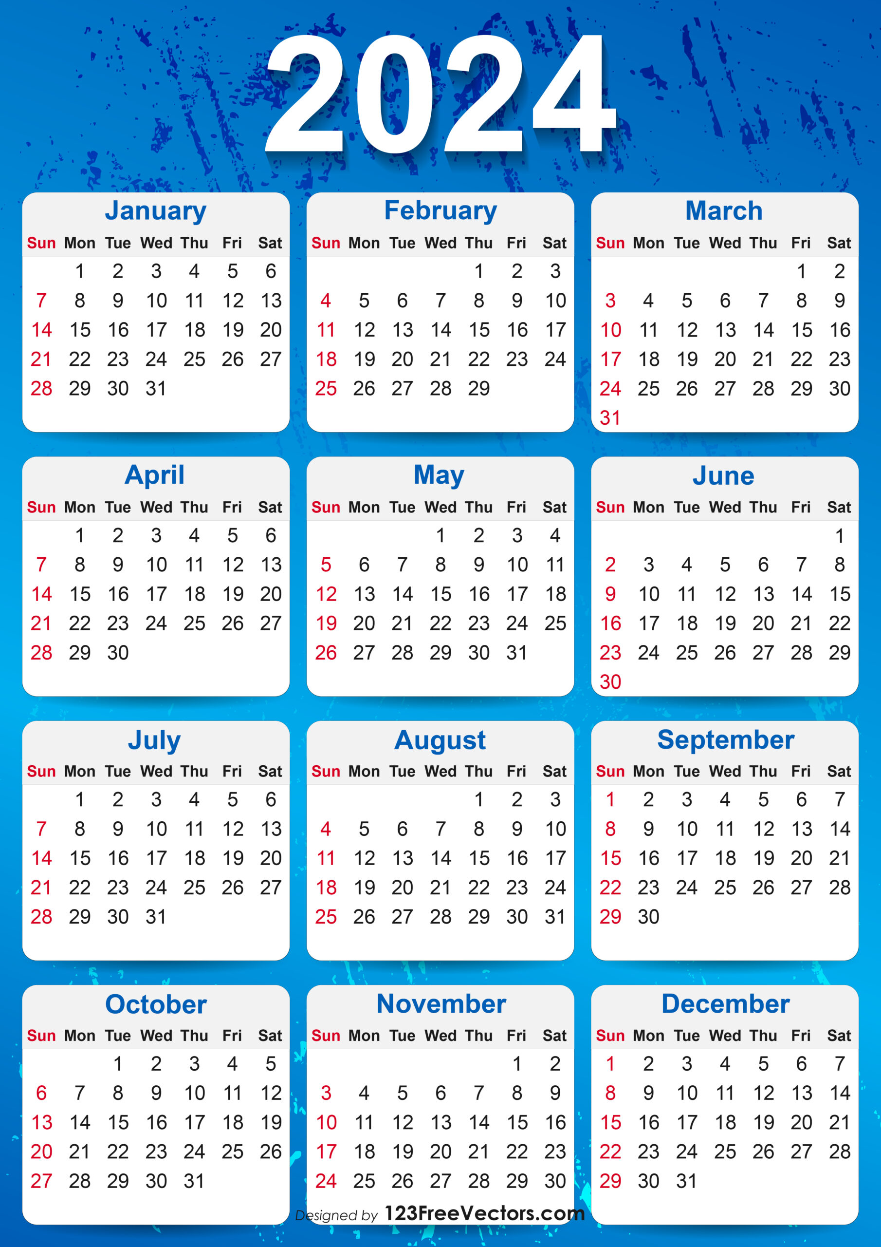 Free 2024 Yearly Calendar Printable | 2024 Calendar A4 Print