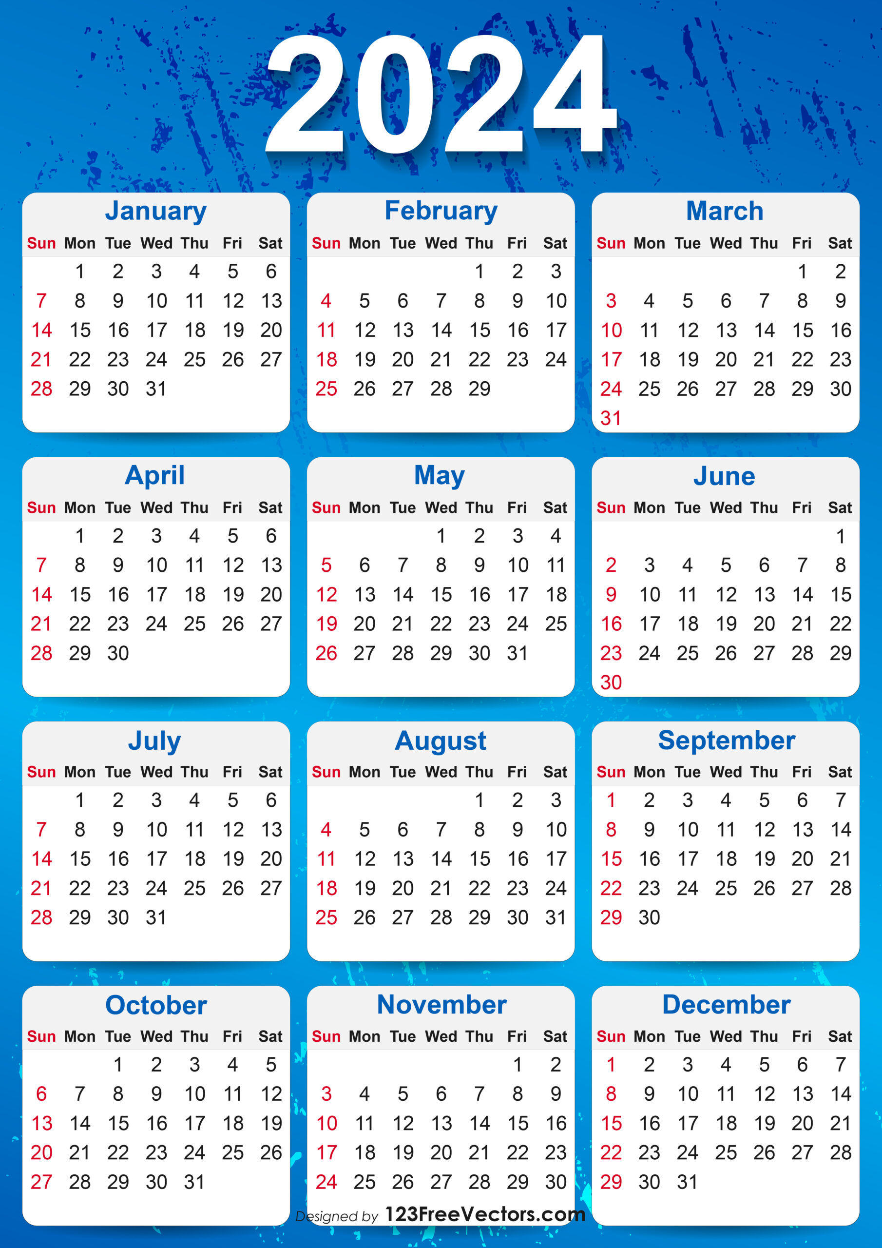 Free 2024 Yearly Calendar Printable | 2024 Year Calendar A4