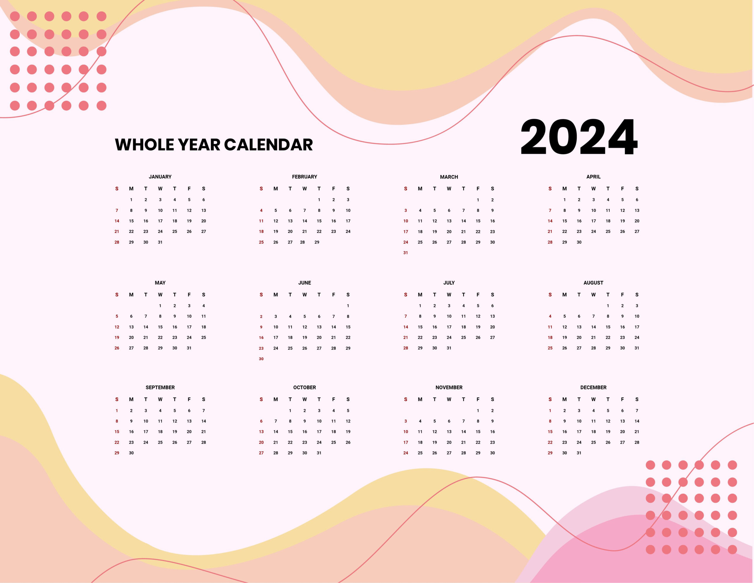 Free Blank Year 2024 Calendar - Download In Word, Google Docs | 2024 Yearly Calendar Editable