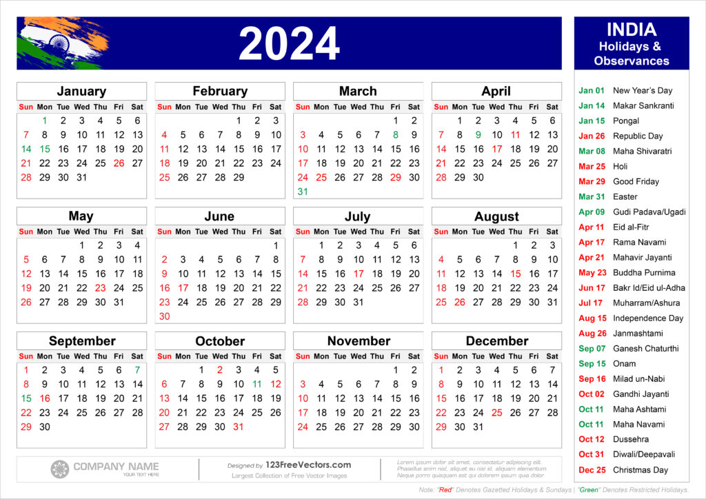 Printable Calendar 2024 India with Holidays and Festivals Printable