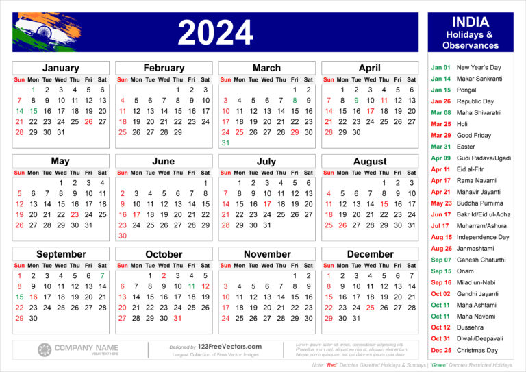 Free Calendar 2024 India | Printable Calendar 2024 India with Holidays and Festivals