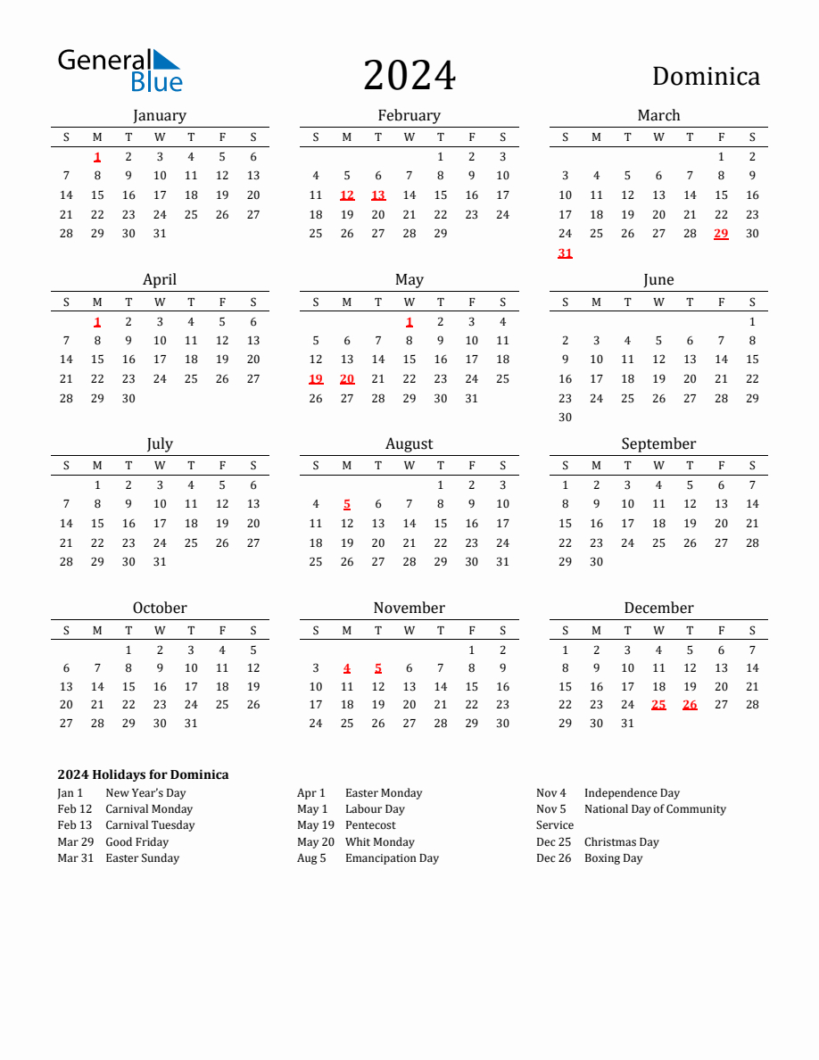 Free Dominica Holidays Calendar For Year 2024 | Free Printable Calendar 2024 General Blue