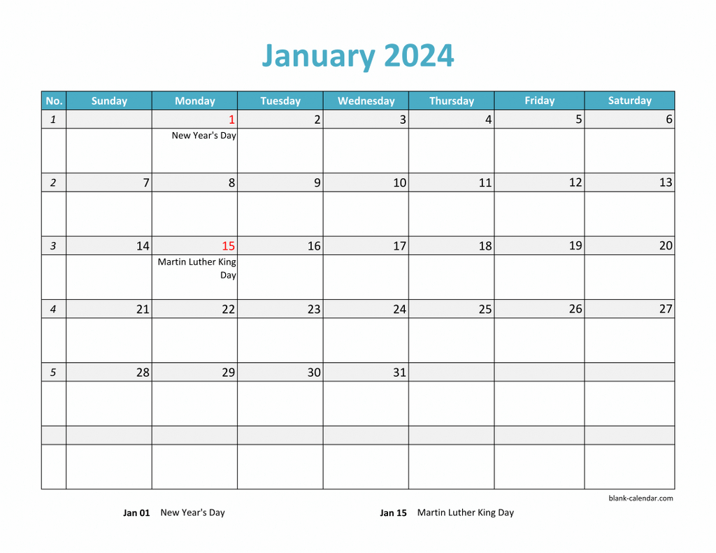 Free Download 2024 Excel Calendar Large Boxes In The Grid (Horizontal) | 2024 Printable Monthly Calendar Large Squares