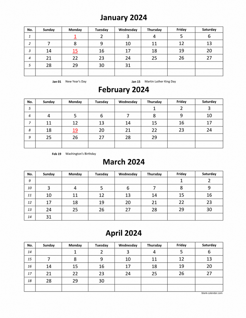 Free Download Printable Calendar 2024, 4 Months Per Page, 3 Pages | 2024 Calendar Printable 3 Months Per Page