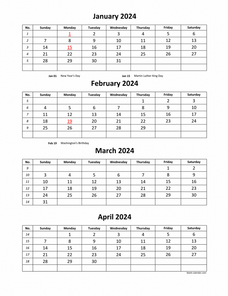 Free Download Printable Calendar 2024, 4 Months Per Page, 3 Pages | Printable Calendar 2024 3 Months Per Page