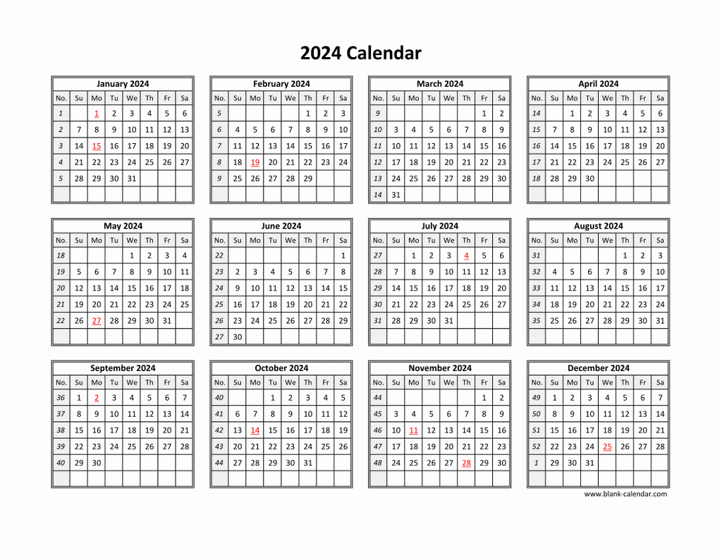 Free Download Printable Calendar 2024 In One Page, Clean Design. | 1 Year Printable Calendar 2024