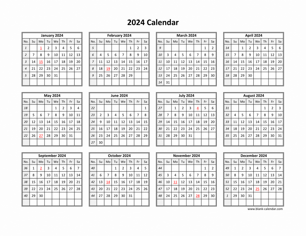 Free Download Printable Calendar 2024 In One Page, Clean Design. | 2024 Calendar Printable Free One Page