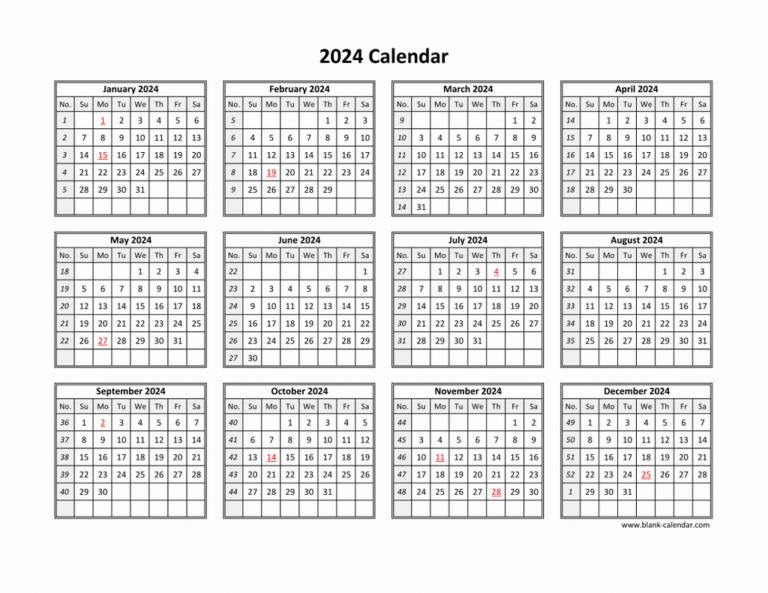 Free Download Printable Calendar 2024 In One Page, Clean Design. | Yearly Calendar 2024 Printable One Page