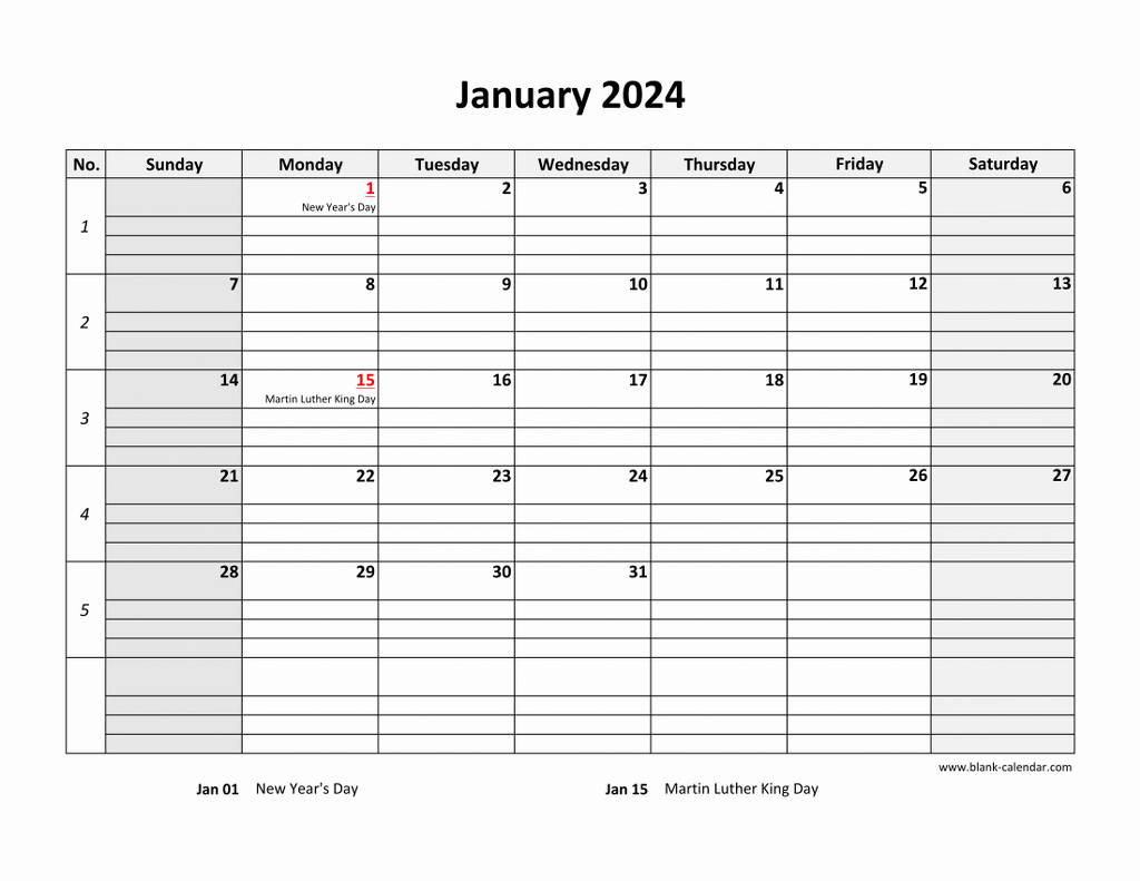 Free Download Printable Calendar 2024, Large Box Grid, Space For Notes | Blank Printable Calendar 2024