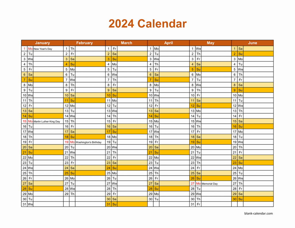 Free Download Printable Calendar 2024, Month In A Column, Half A | 2024 Printable Yearly Calendar
