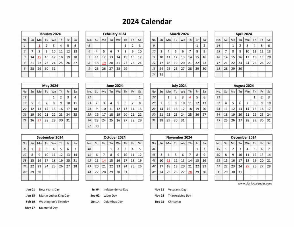 Free Download Printable Calendar 2024 With Us Federal Holidays | 2024 Calendar Printable Free One Page