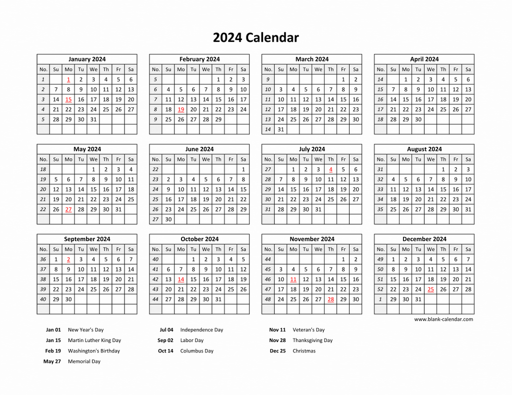 2024 Printable Calendar One Page with Federal Holidays | Printable ...