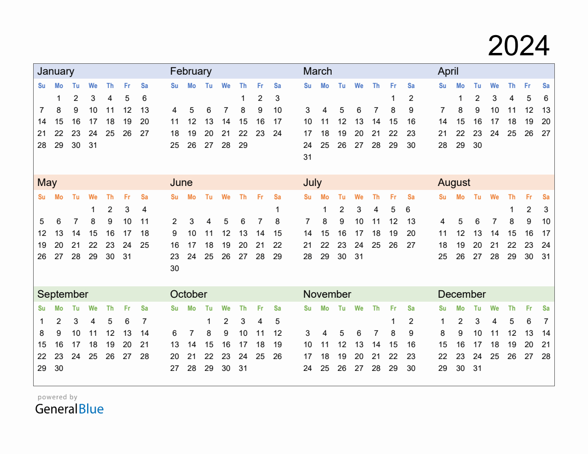 Free Downloadable 2024 Yearly Calendar Template | 2024 Calendar Canada Printable Free Download