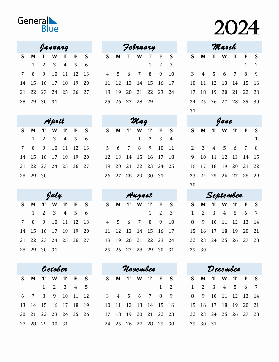 Free Downloadable Calendar For Year 2024 | Calendar 2024 Printable General Blue