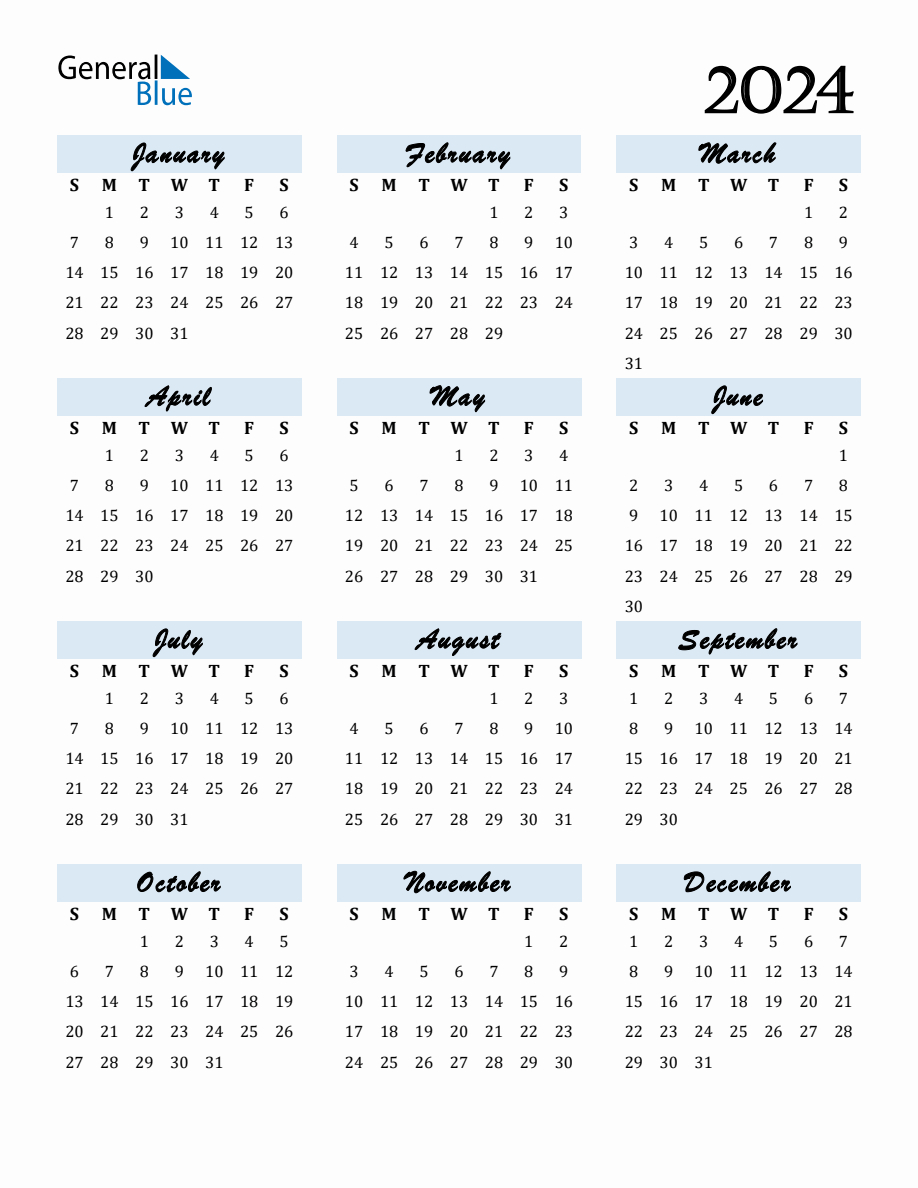 Free Downloadable Calendar For Year 2024 | General Blue Printable Calendar 2024