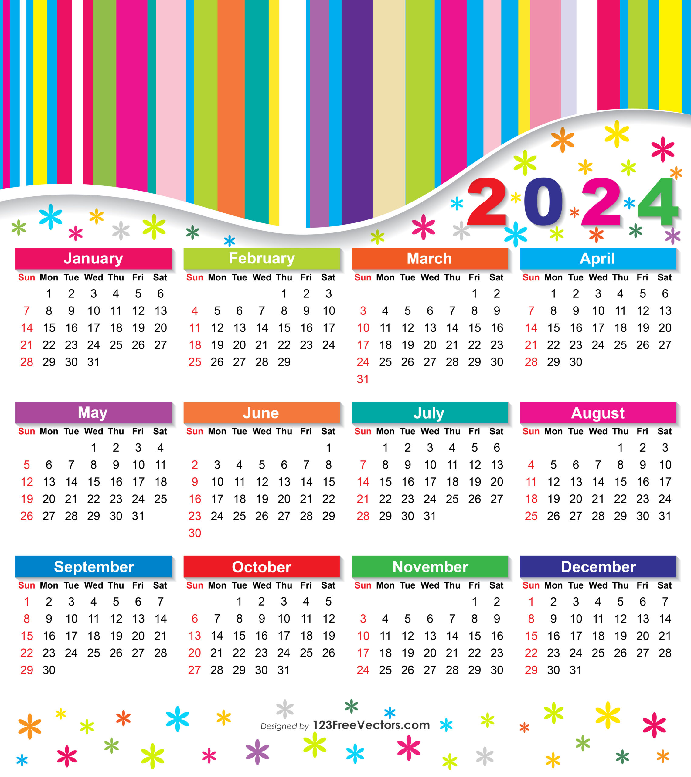 Free Free 2024 Colorful Calendar | 2024 Calendar Printable Colorful