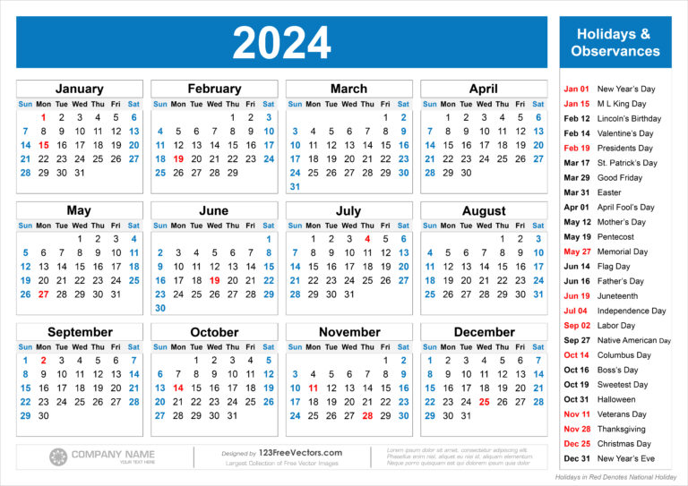 Free Free Printable 2024 Calendar With Holidays | 2024 Calendar Printable Holidays