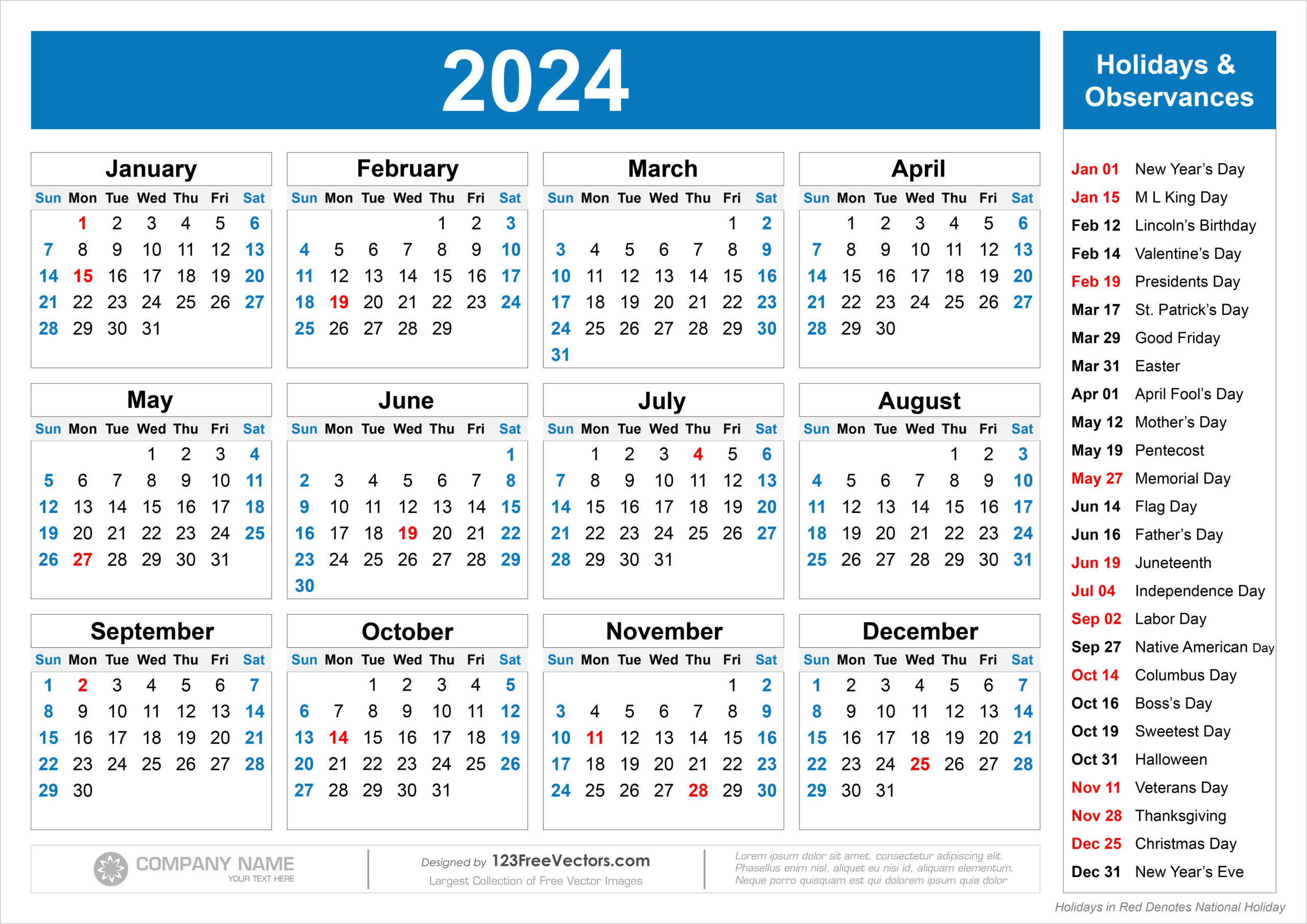 Free Free Printable 2024 Calendar With Holidays | 2024 Yearly Holiday Calendar