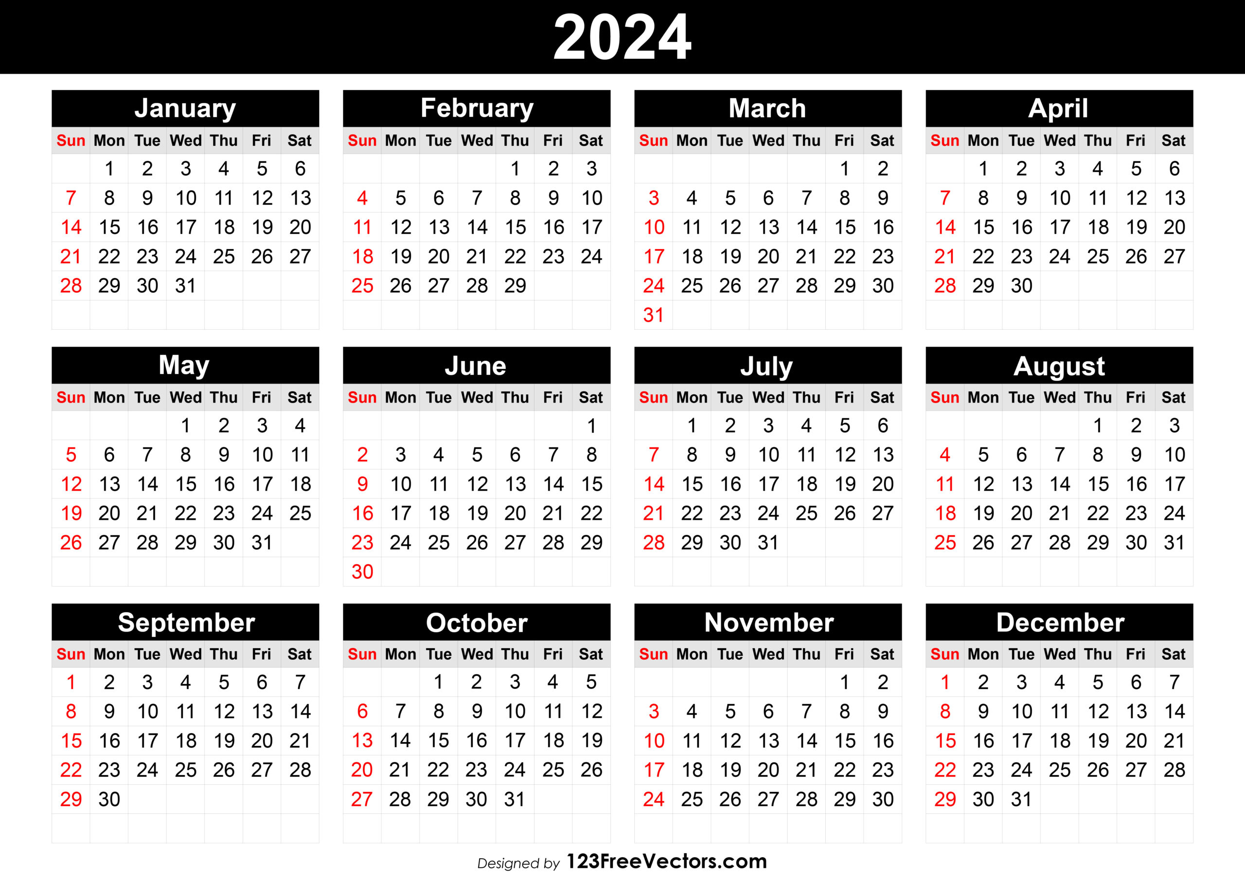 Free Free Printable Yearly Calendar 2024 | 2024 Calendar Printable Landscape