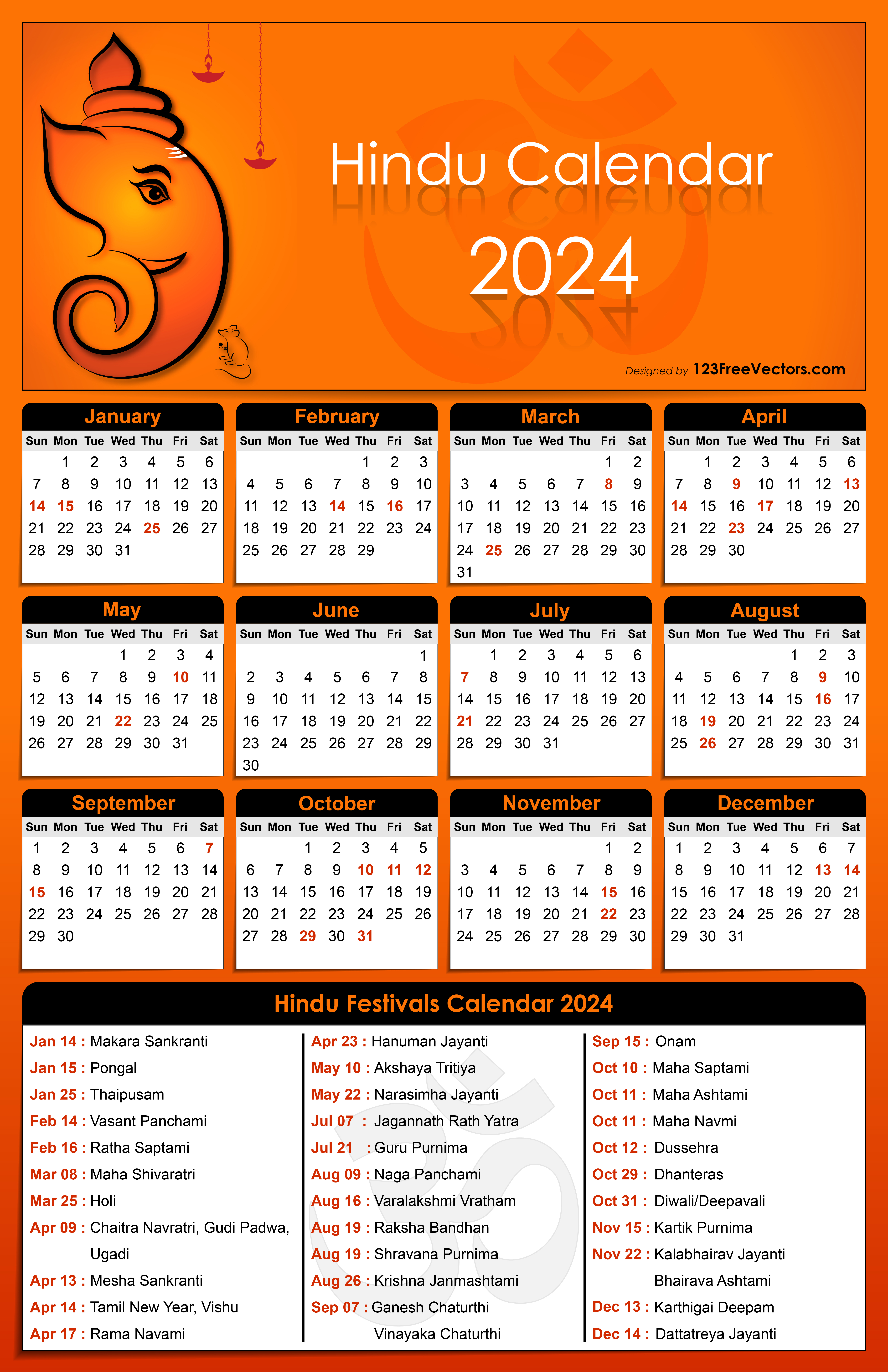 Free Hindu Calendar 2024 | Printable Calendar 2024 India With Holidays And Festivals