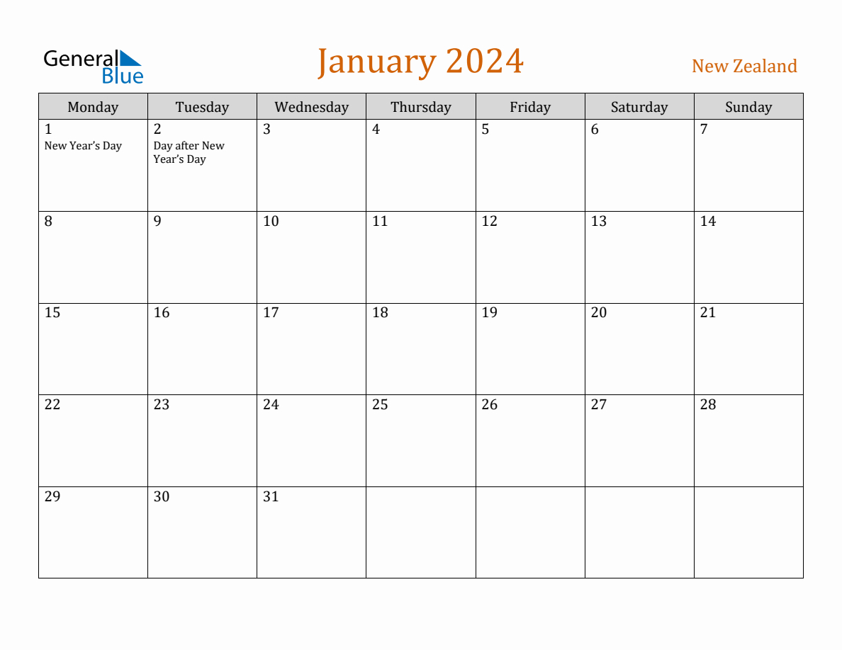 Free January 2024 New Zealand Calendar | January 2024 Calendar Nz Printable