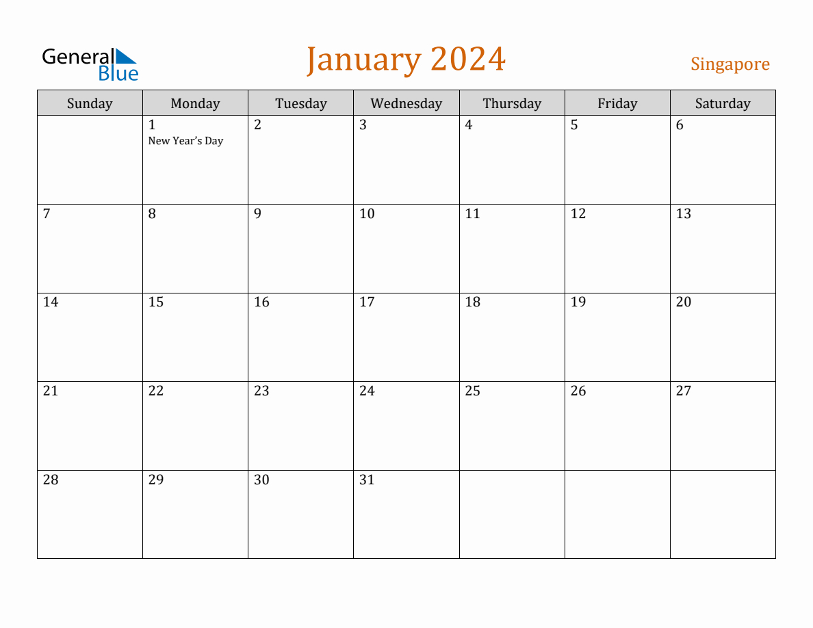 Free January 2024 Singapore Calendar | 2024 Calendar Singapore Printable PDF Download