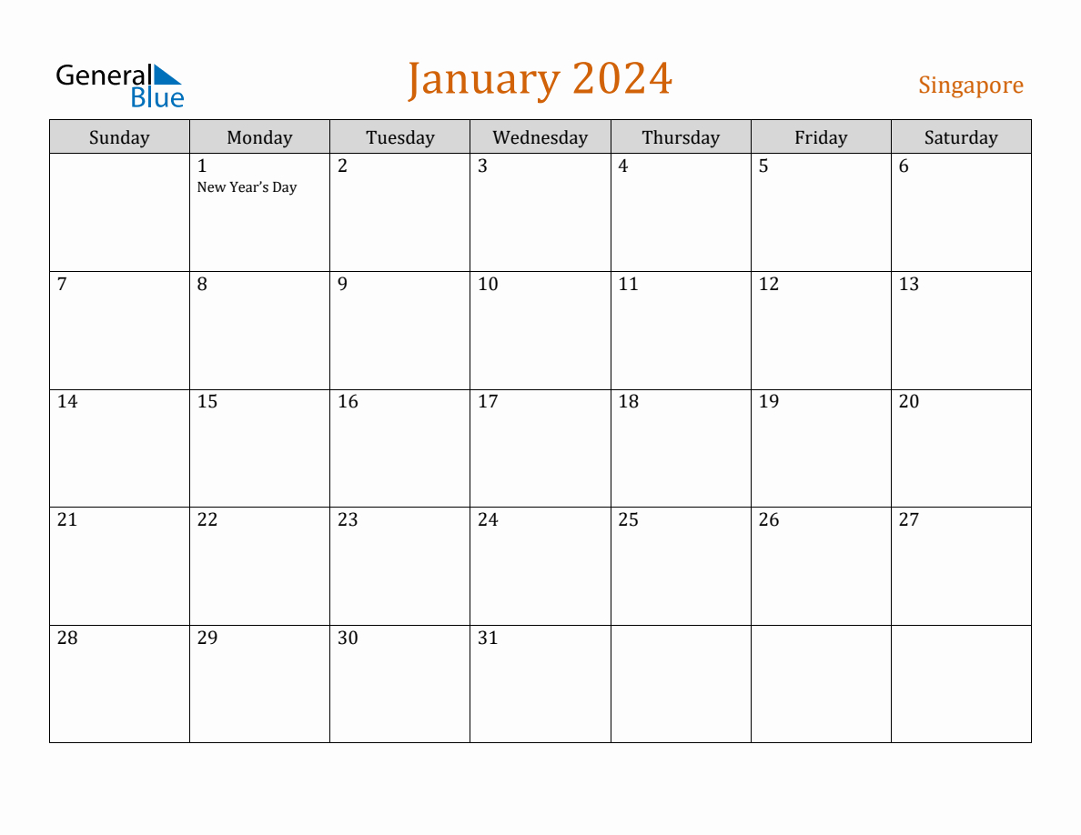 Free January 2024 Singapore Calendar | Printable Calendar 2024 Singapore