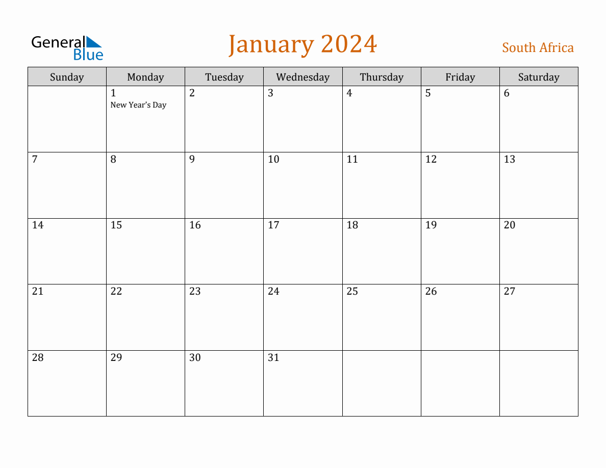 Free January 2024 South Africa Calendar | Printable Calendar 2024 South Africa Pdf Download