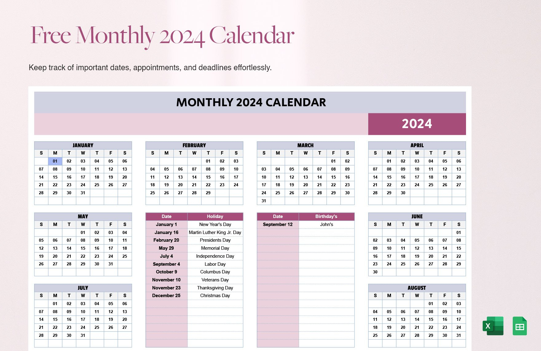 Free Monthly 2024 Calendar Template - Download In Excel, Google | 2024 Calendar Printable Free Excel