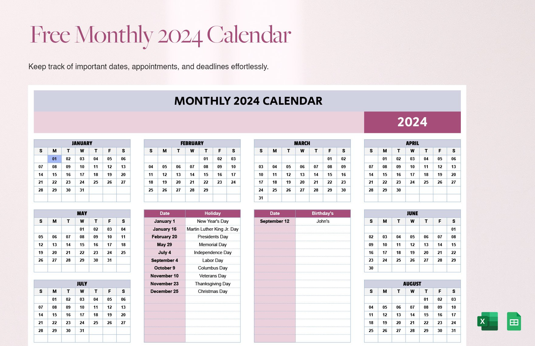 Free Monthly 2024 Calendar Template - Download In Excel, Google | 2024 Monthly Calendar Printable Excel