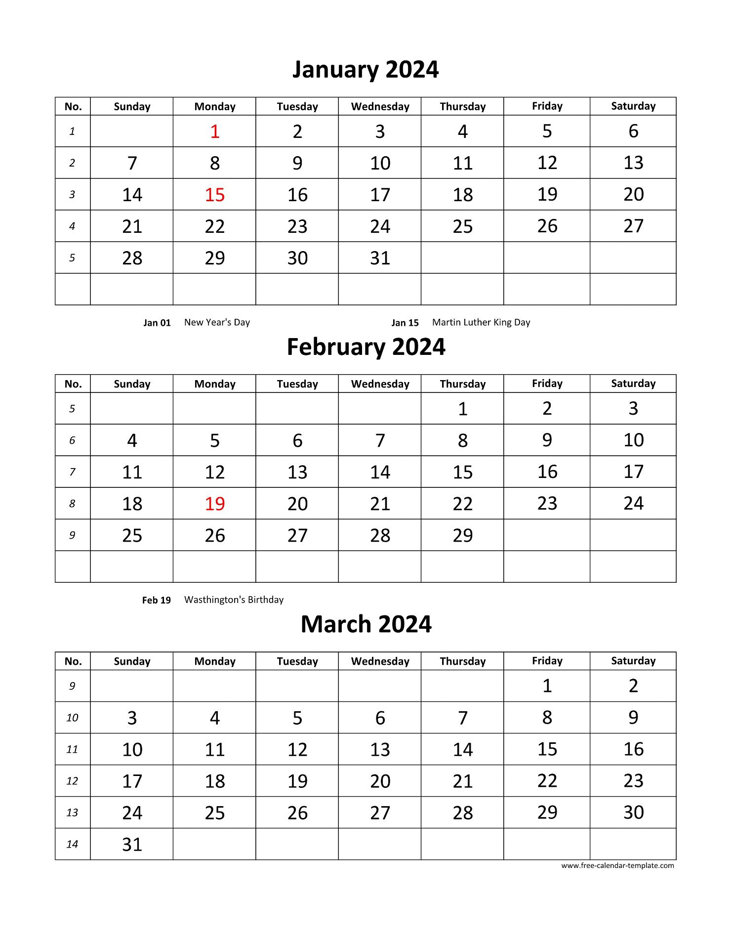 Free Monthly Calendar 2024, 3 Months Per Page (Vertical) | Free | 2024 Calendar Printable 3 Months Per Page