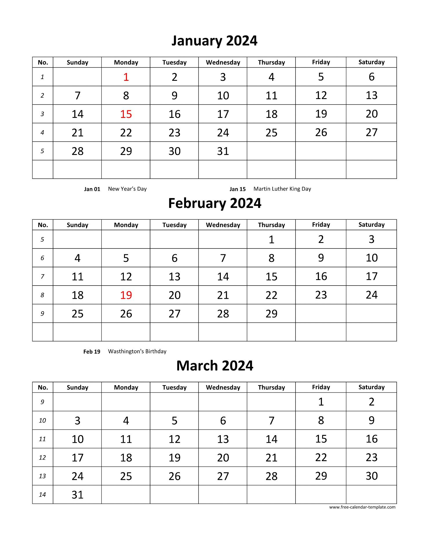 Free Monthly Calendar 2024, 3 Months Per Page (Vertical) | Free | Printable Calendar 2024 3 Months Per Page