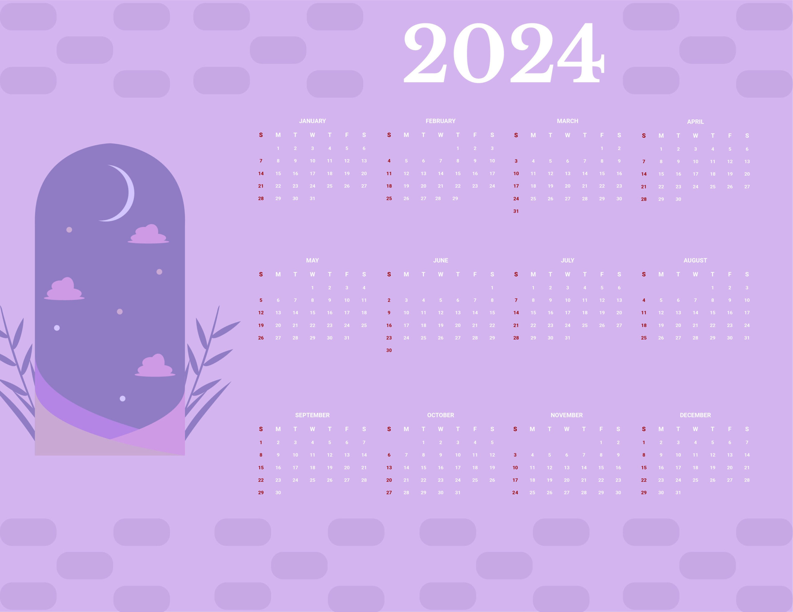 Free Pretty Year 2024 Calendar - Download In Word, Google Docs | 2024 Calendar Printable Pretty