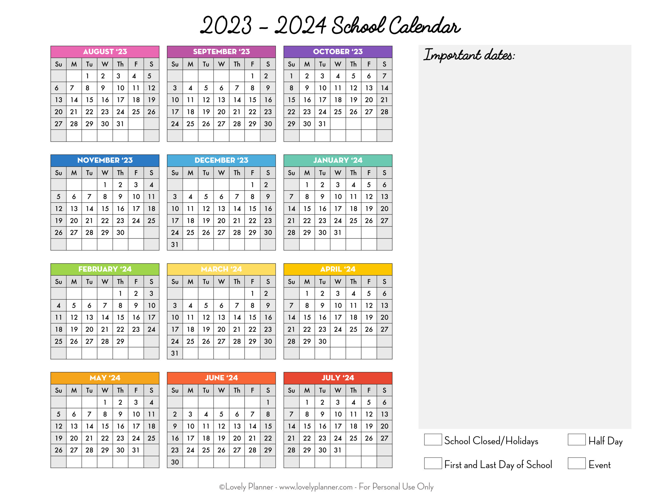 Free Printable 2023-2024 School Calendar - One Page Academic | 2023 Calendar 2024 Printable Blank