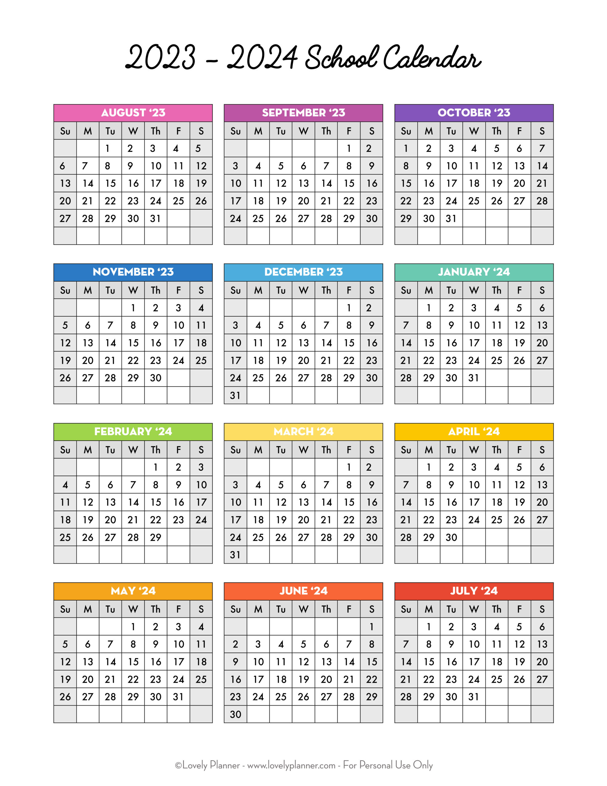 Free Printable 2023-2024 School Calendar - One Page Academic | 2023 Calendar 2024 Printable School