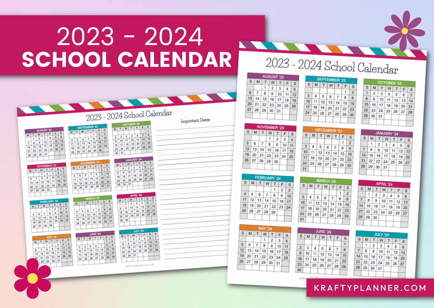 Free Printable 2023-2024 School Calendars — Krafty Planner | 2023 Calendar 2024 Printable Academic