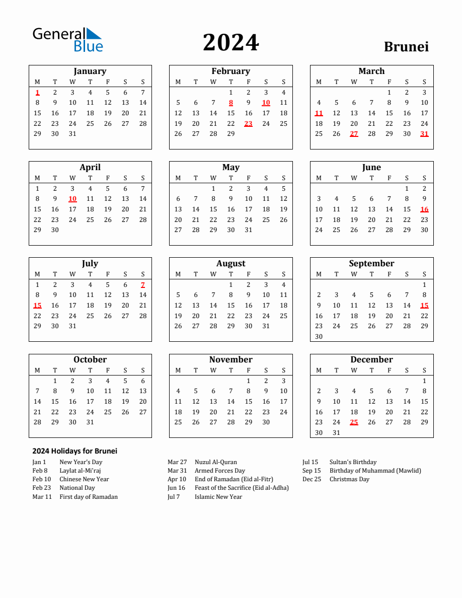 Free Printable 2024 Brunei Holiday Calendar | Printable Calendar 2024 Brunei