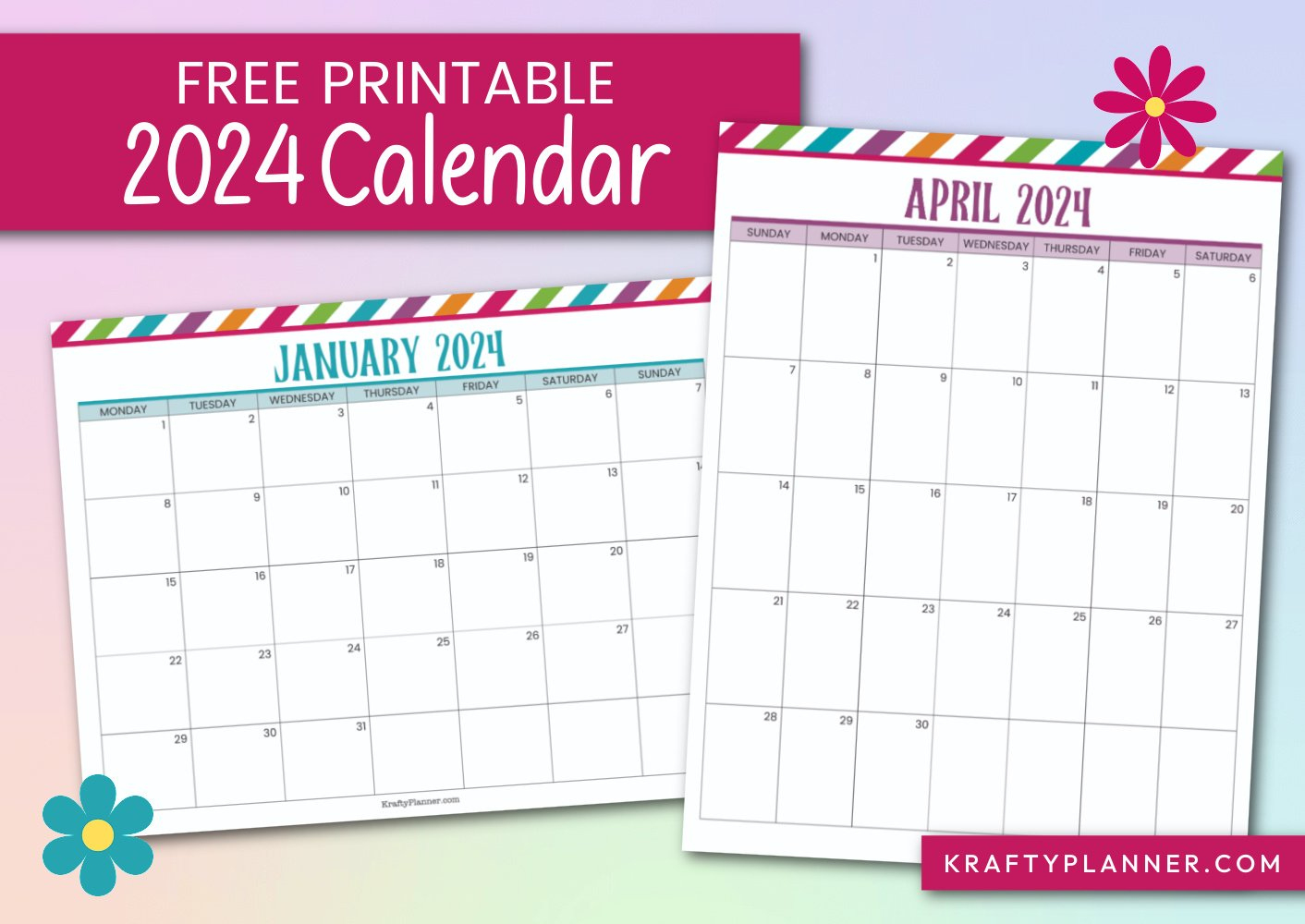 Free Printable 2024 Calendar — Krafty Planner | Free Printable Calendar 2024 Large Print