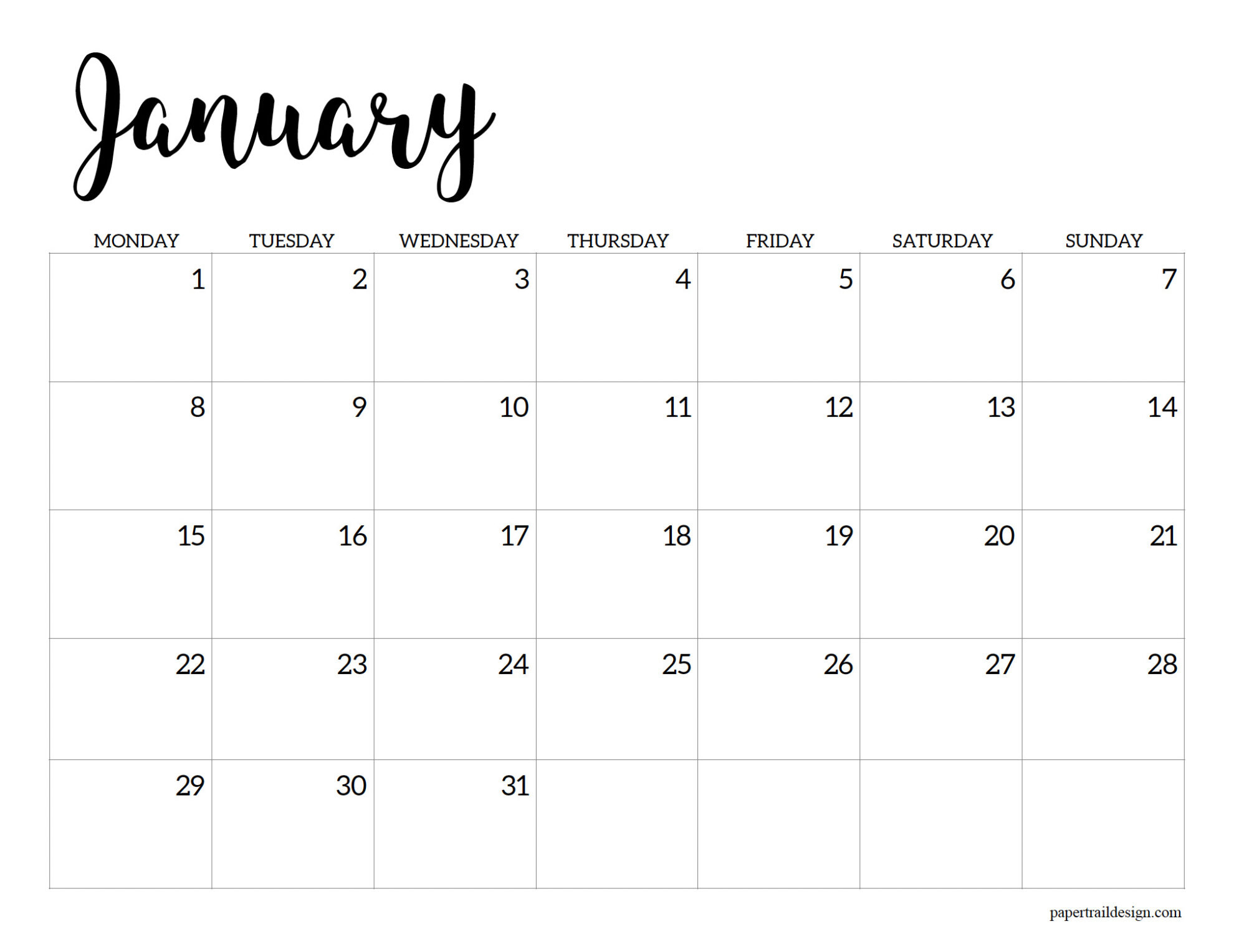 Free Printable 2024 Calendar – Monday Start - Paper Trail Design | January 2024 Calendar Printable Monday Start