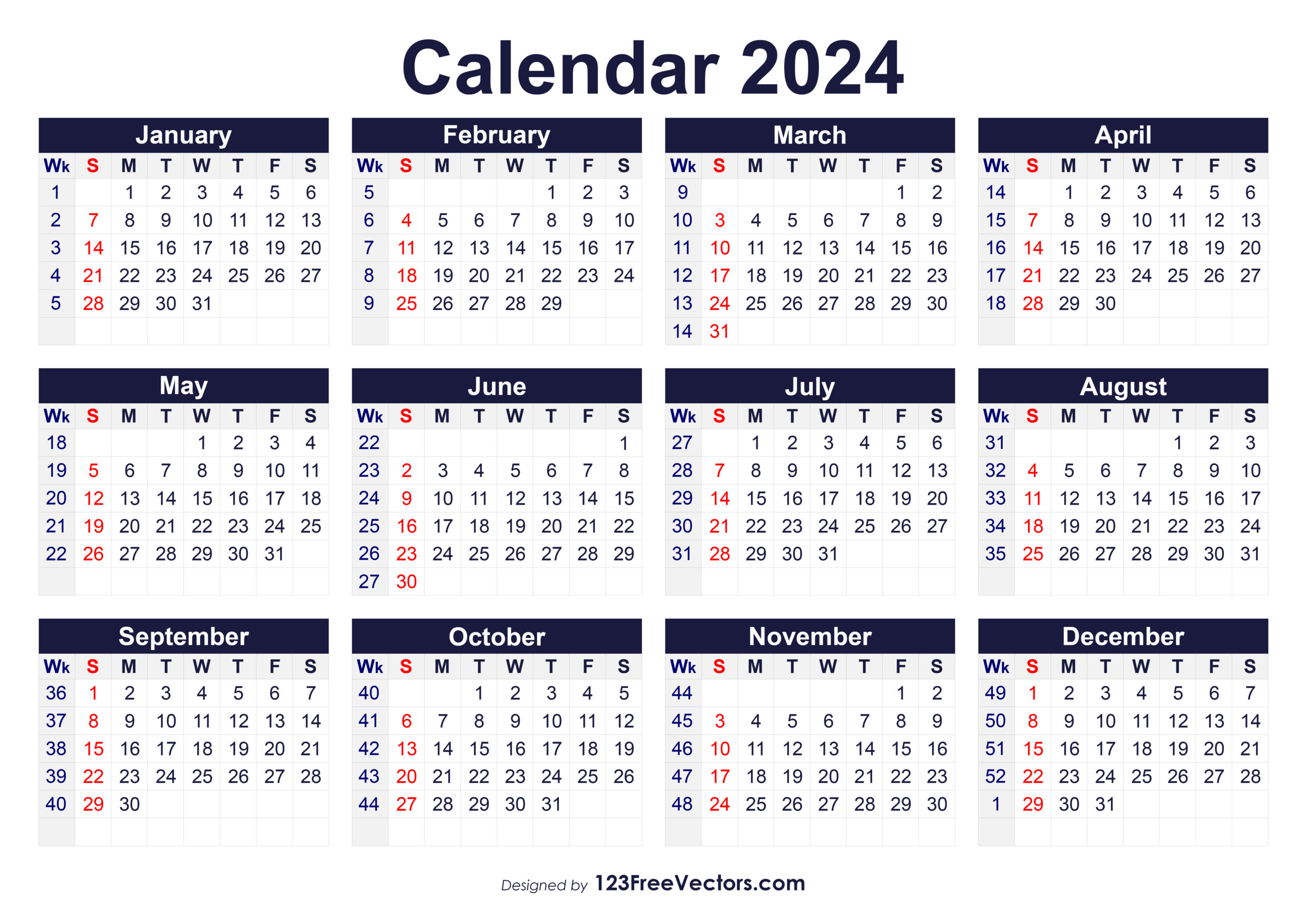 Free Printable 2024 Calendar With Week Numbers | 2024 Calendar A4 Print