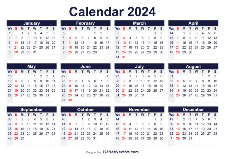 Free Printable 2024 Calendar With Week Numbers | 2024 Calendar Printable A4