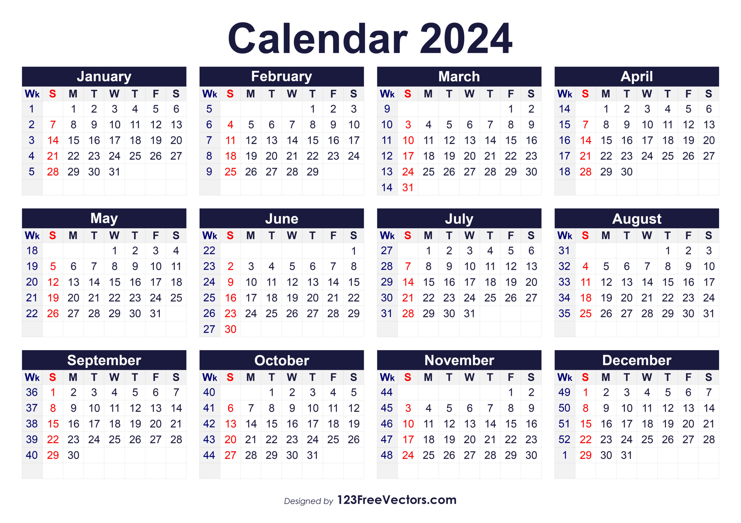 Free Printable 2024 Calendar With Week Numbers | A4 Yearly Calendar 2024 Printable